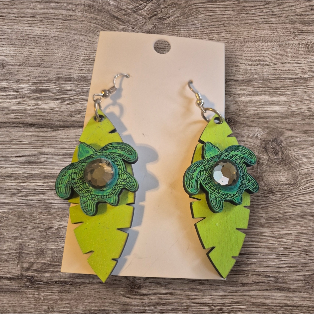 Green Leaf Turtle Earrings Handmade